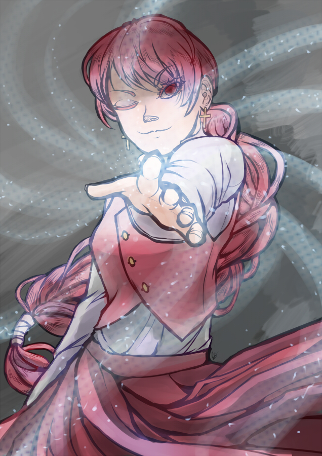 1girl, braid, cross_earrings, dilaih, earrings, facing_viewer, foreshortening, grey_background