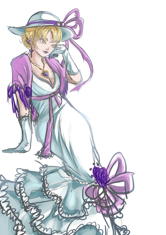 1girl, blonde_hair, bow, breasts, brooch, cleavage, dilaih, dress