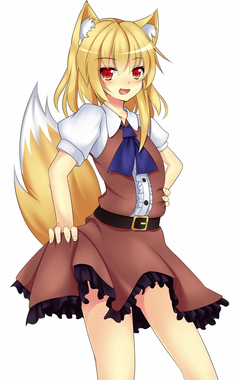 1girl, :d, animal_ears, ascot, belt, blonde_hair, blush, cookie_(touhou)