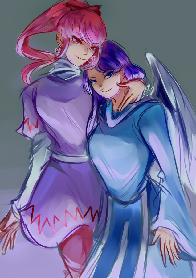 2girls, angel, angel_wings, blue_eyes, bow, dilaih, earrings, hair_bow