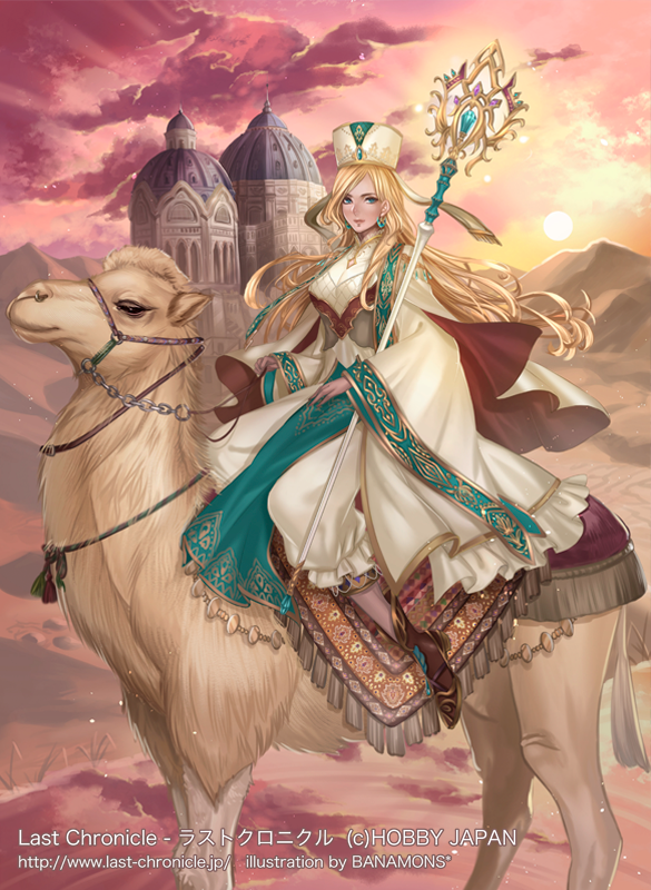 1girl, banamons, blonde_hair, blue_eyes, camel, cape, copyright_name, desert
