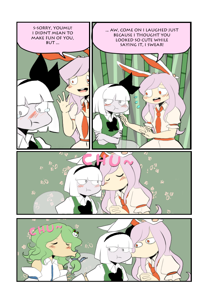 3girls, animal_ears, bamboo, bamboo_forest, buck_teeth, cheek_kiss, comic, detached_sleeves