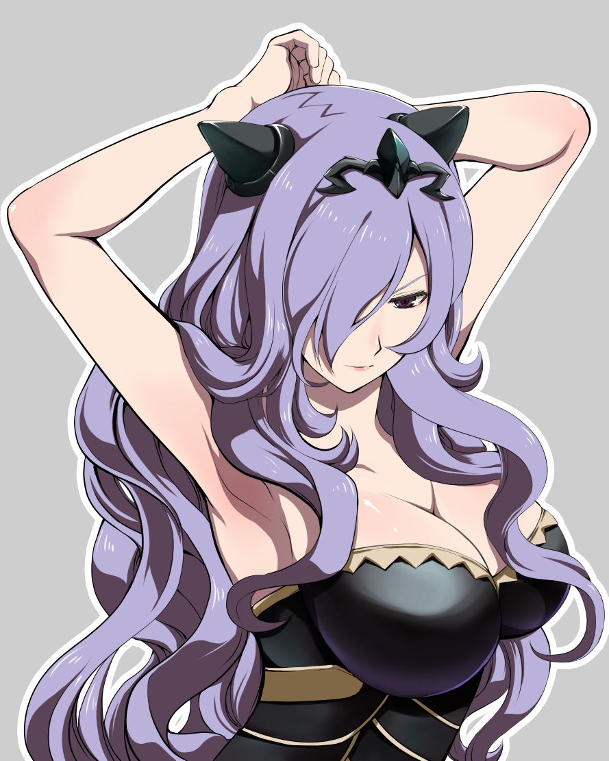 armpits, arms_behind_head, breasts, camilla_(fire_emblem_if), cleavage, fire_emblem, fire_emblem_if, hair_over_one_eye