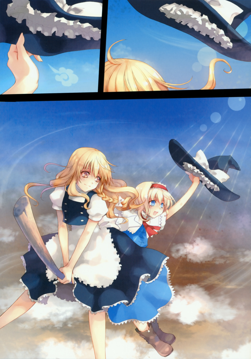 absurdres, alice_margatroid, blonde_hair, blue_eyes, boots, braid, broom, broom_riding, hairband, hat, highres, huge_filesize, kirisame_marisa, mary_janes, multiple_girls, scan, shoes, short_hair, sky, tenshimuma, tian_shi_meng_mo, touhou, witch_hat