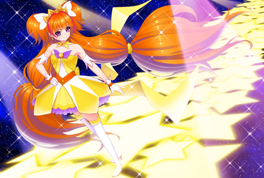 1girl, absurdly_long_hair, amane_satsuki, amanogawa_kirara, boots, brooch, brown_hair, cure_twinkle