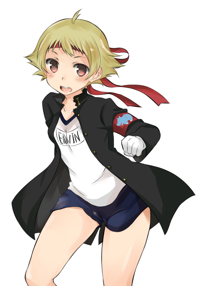 1girl, abenattou, armband, blonde_hair, blush, brown_eyes, character_name, cheerleader