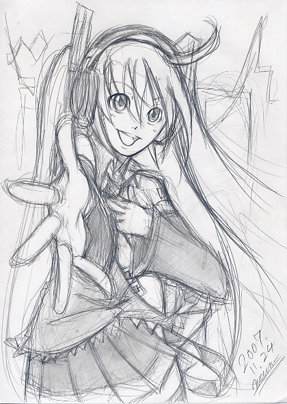 detached_sleeves, graphite, graphite_(medium), hands, happy, hatsune_miku, headphones, maon