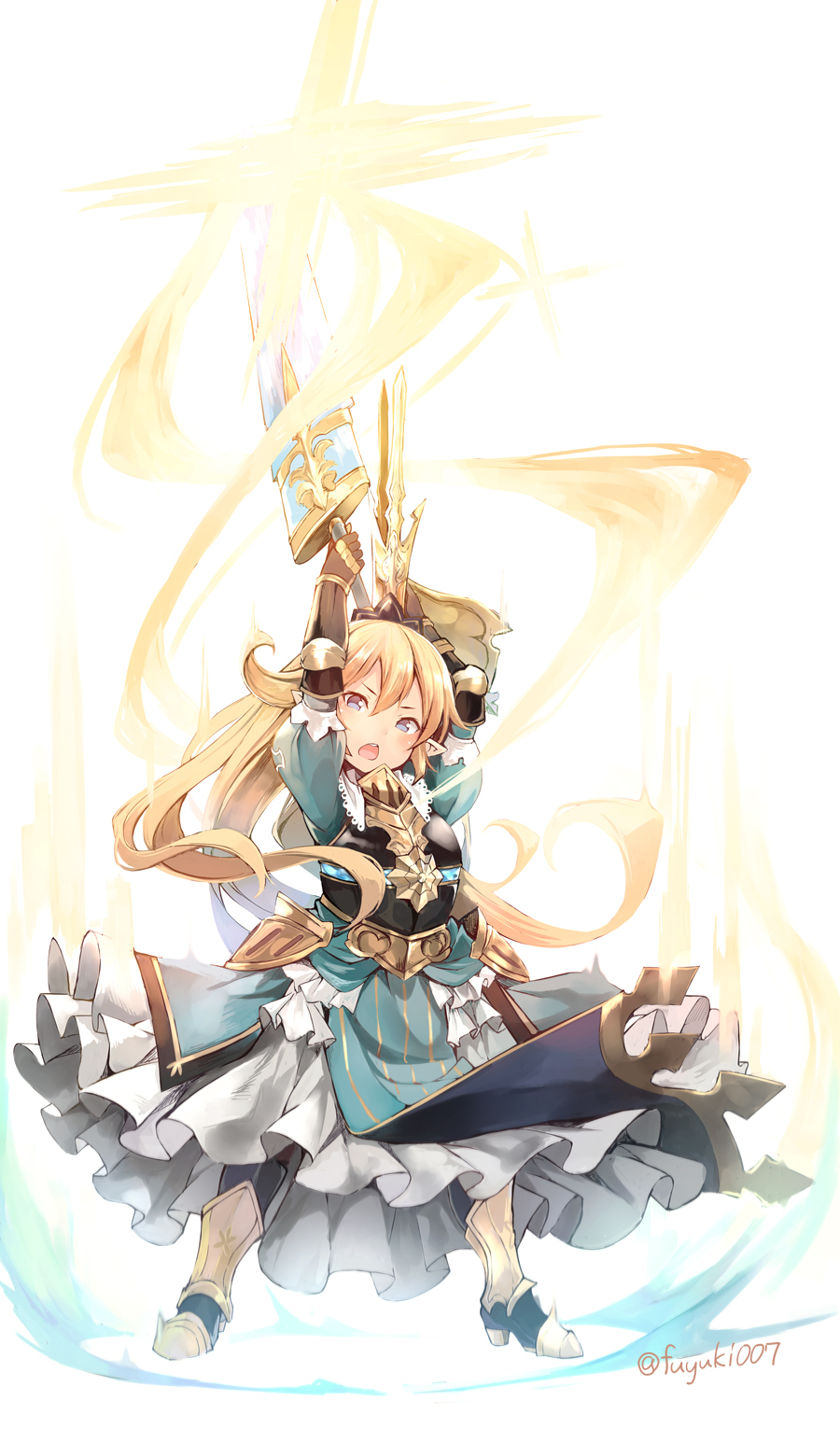 1girl, armor, armored_dress, blue_dress, breastplate, charlotte_(granblue_fantasy), crown, dress, gauntlets, granblue_fantasy, high_heels, highres, holding, holding_sword, holding_weapon, long_hair, nanahara_fuyuki, pointy_ears, simple_background, solo, sword, weapon, white_background