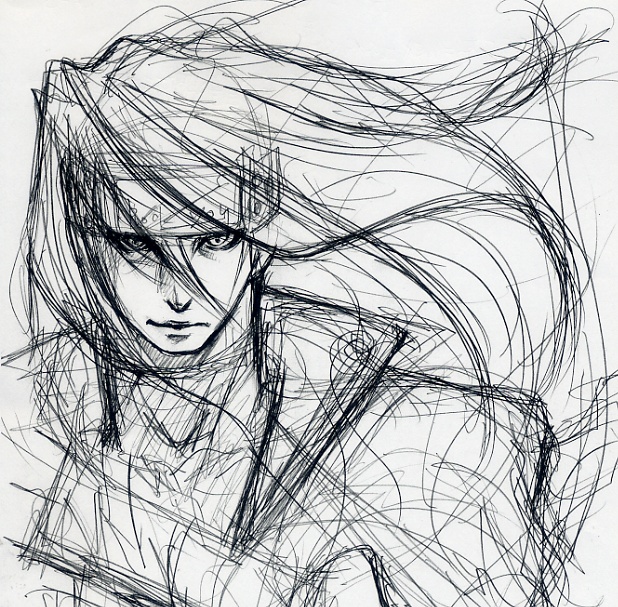 headband, long_hair, maon, millipen, millipen_(medium), monochrome, order_sol, portrait