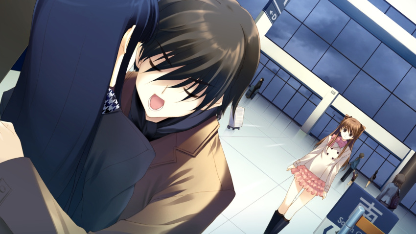 1boy, 2girls, airport, black_hair, blue_hair, brown_eyes, brown_hair, closed_eyes