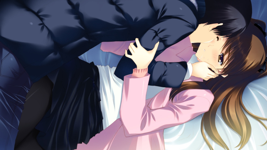 1boy, 1girl, bed, black_hair, brown_eyes, brown_hair, game_cg, kitahara_haruki