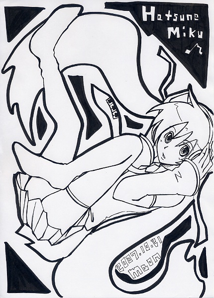 dutch_angle, hatsune_miku, lineart, maon, marker_(medium), monochrome, musical_note, necktie