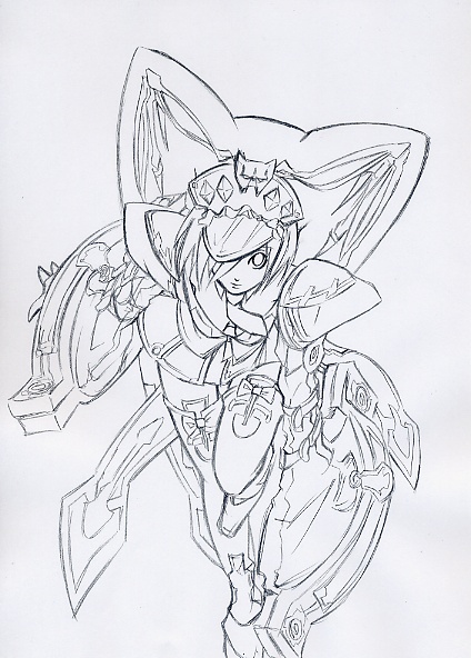 guilty_gear_2, leaning_forward, maon, millipen, millipen_(medium), monochrome, signature, thigh-highs