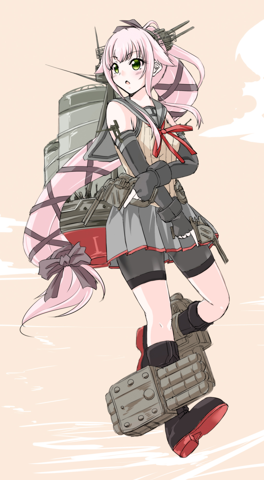 1girl, :o, abukuma_(kantai_collection), abukuma_(kantai_collection)_(cosplay), alternate_costume, bangs, bare_shoulders, bike_shorts