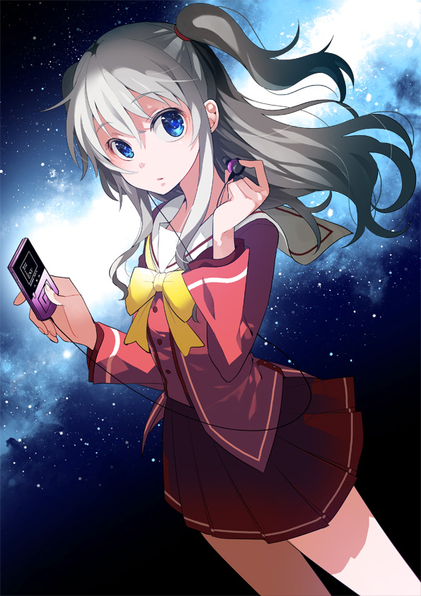 1girl, blue_eyes, charlotte_(anime), digital_media_player, earphones, kashi-k, long_hair, school_uniform