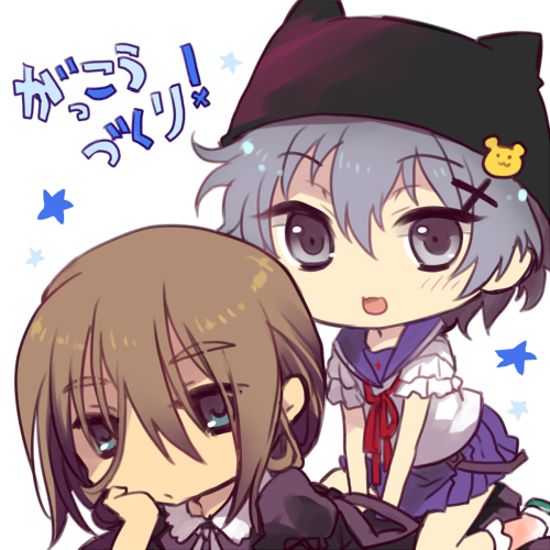 2boys, black_hair, blue_eyes, brown_hair, charlotte_(anime), cosplay, crossdressinging, dress