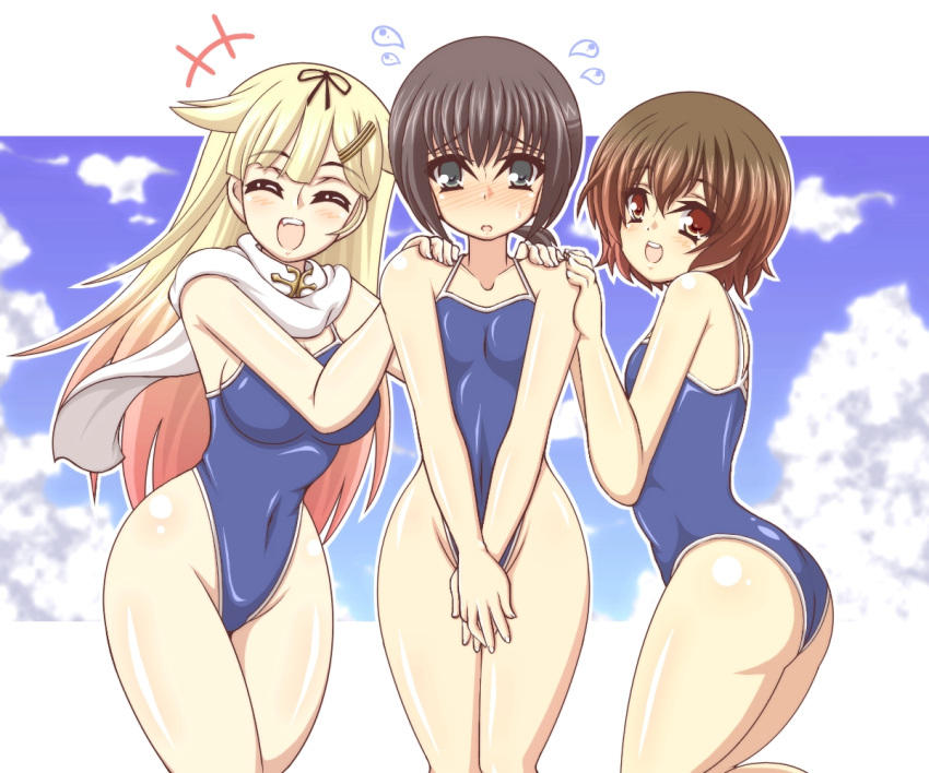 3girls, ass, black_hair, blonde_hair, brown_eyes, brown_hair, closed_eyes, competition_school_swimsuit, covering, covering_crotch, embarrassed, fubuki_(kantai_collection), green_eyes, kano-0724, kantai_collection, multiple_girls, mutsuki_(kantai_collection), remodel_(kantai_collection), scarf, school_swimsuit, short_hair, swimsuit, yuudachi_(kantai_collection)