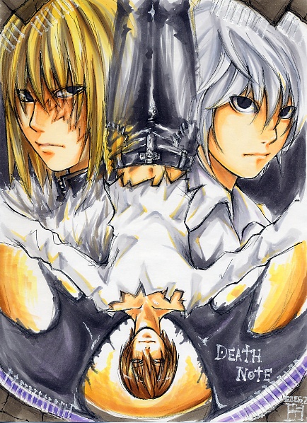 blonde_hair, brown_hair, death_note, jeans, logo, maon, marker_(medium), mello, near, scar, traditional_media, white_hair, wings, yagami_light