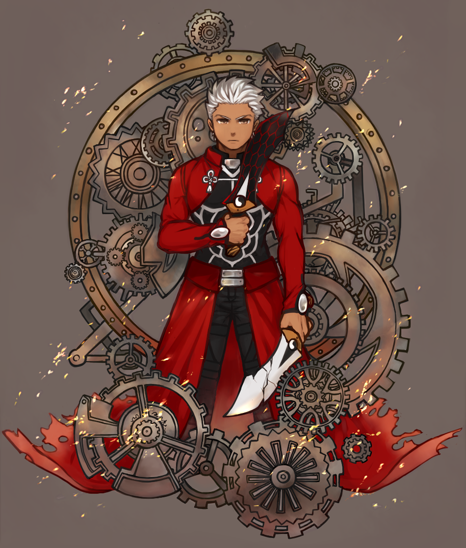 1boy, archer, dark_skin, dual_wielding, fate/stay_night, fate_(series), gears, kanshou_&amp;_bakuya