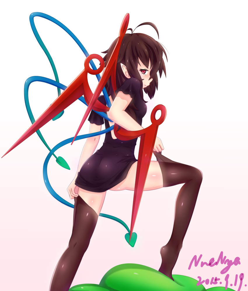 1girl, ahoge, artist_name, asymmetrical_wings, back_cutout, black_dress, black_hair, dated