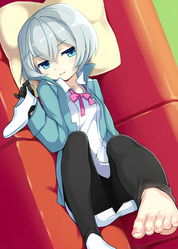 1girl, black_gloves, black_legwear, blue_eyes, blush, bow, couch, feet, footwear_removed, gloves, gundam, gundam_build_fighters, gundam_build_fighters_try, kijima_shia, leggings, looking_at_viewer, lying, minamura_haruki, on_side, pillow, pink_bow, short_hair, silver_hair, single_shoe, smile, solo, toeless_legwear