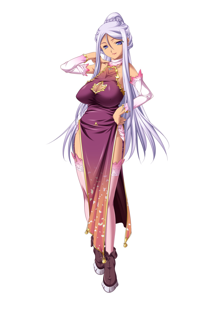 1girl, blue_eyes, boots, breasts, china_dress, chinese_clothes, cleavage, cleavage_cutout