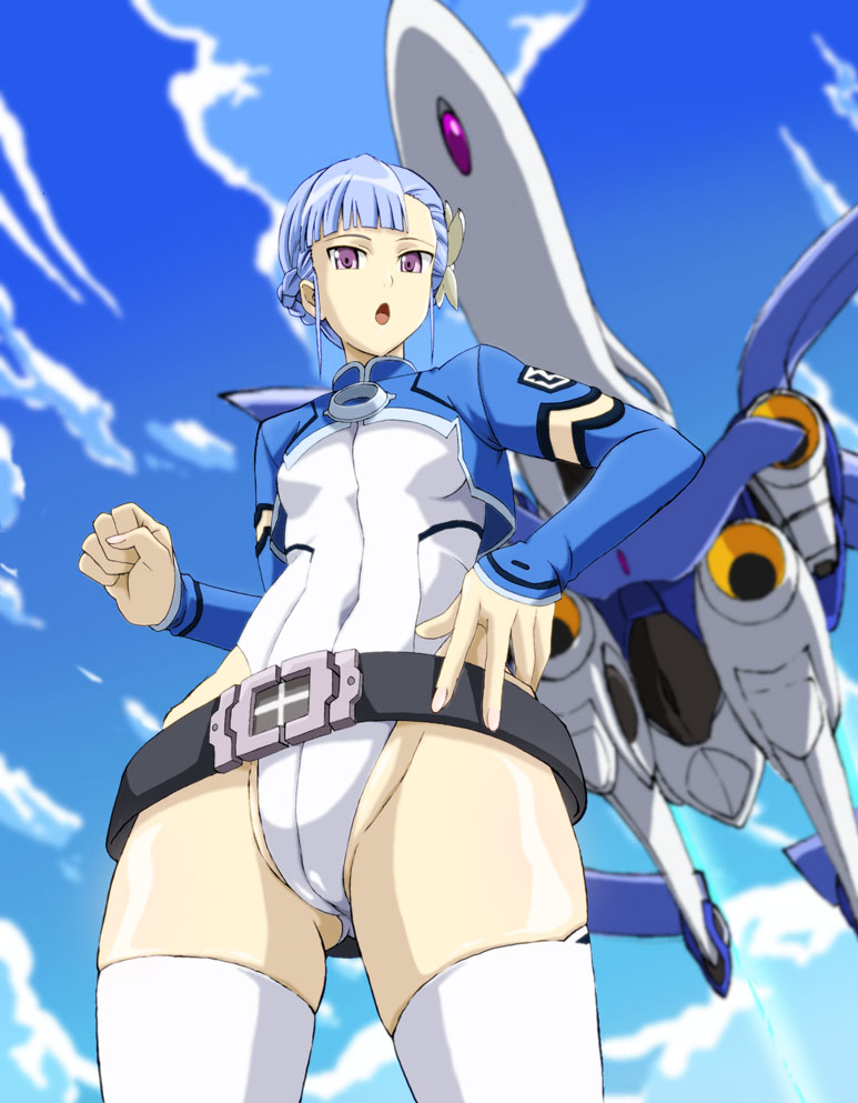1girl, :o, ass_visible_through_thighs, asymmetrical_bangs, bangs, belt, blue_hair, clenched_hand