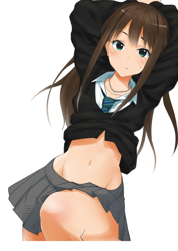 1girl, blush, brown_hair, cardigan, green_eyes, grey_skirt, groin, idolmaster