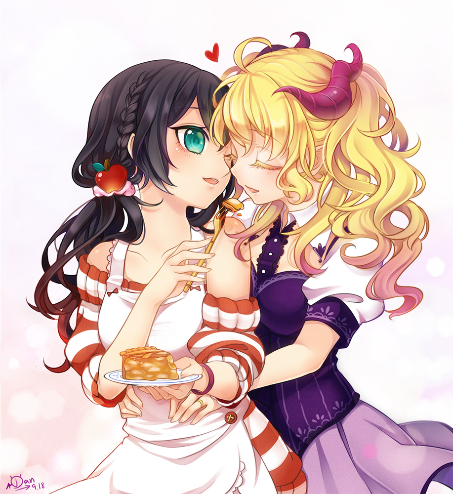 2girls, apron, aqua_eyes, bare_shoulders, black_hair, blonde_hair, braid, closed_eyes