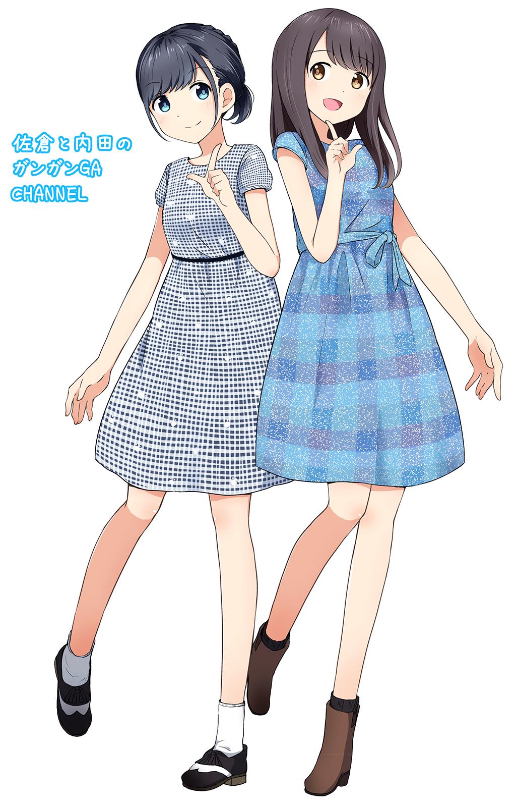 2girls, :d, bangs, black_hair, blue_eyes, boots, braid, brown_eyes