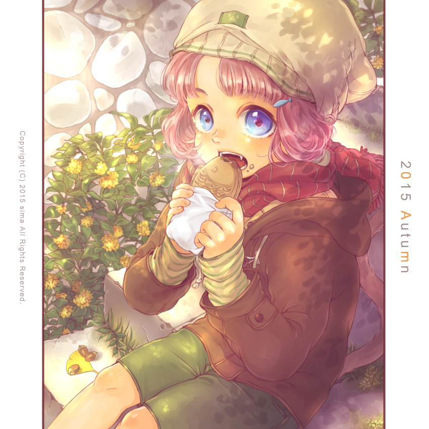 1girl, absurdres, acorn, artist_name, autumn, bangs, beanie, blue_eyes