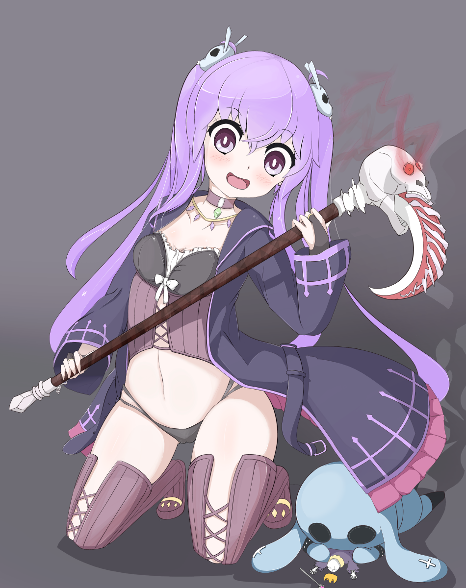 choker, hair_ornament, highres, jewelry, looking_at_viewer, memento_(sennen_sensou_aigis), midriff, navel, necklace, open_mouth, purple_hair, sennen_sensou_aigis, skull_hair_ornament, staff, stuffed_toy, thigh-highs, twintails, underwear, violet_eyes