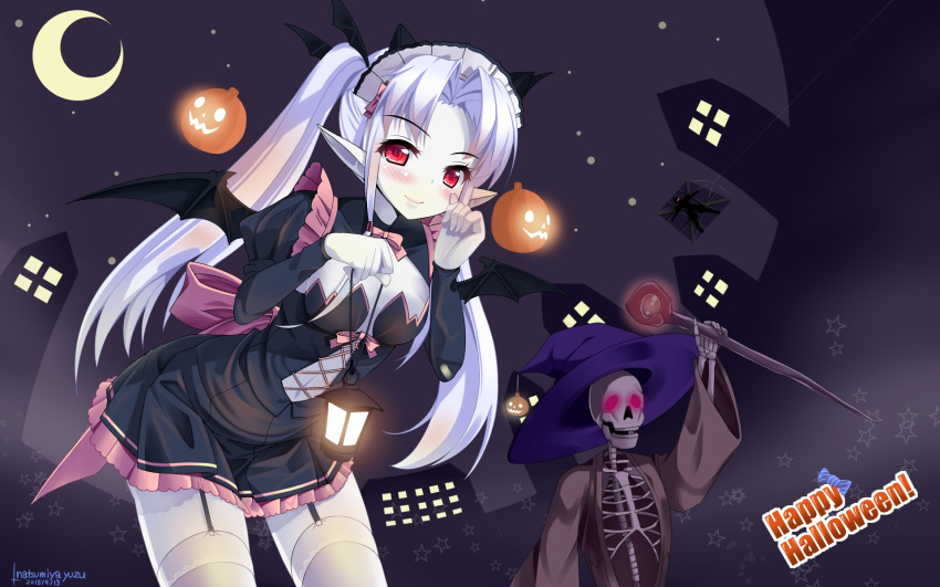 2015, bat_wings, bending_forward, breasts, candy, cleavage, crescent_moon, eden_(sennen_sensou_aigis)