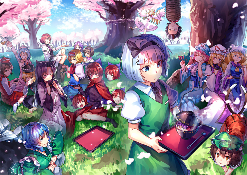 >_<, 6+girls, :3, alice_margatroid, all_fours, angel_wings, animal_ears, beer_mug