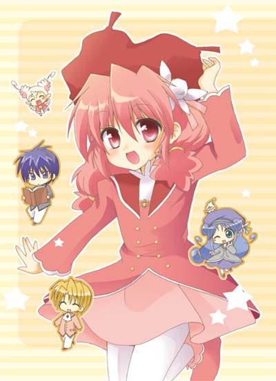 2boys, 2girls, blue_eyes, blue_hair, book, bright_(fushigiboshi_no_futago_hime), brown_hair, chibi