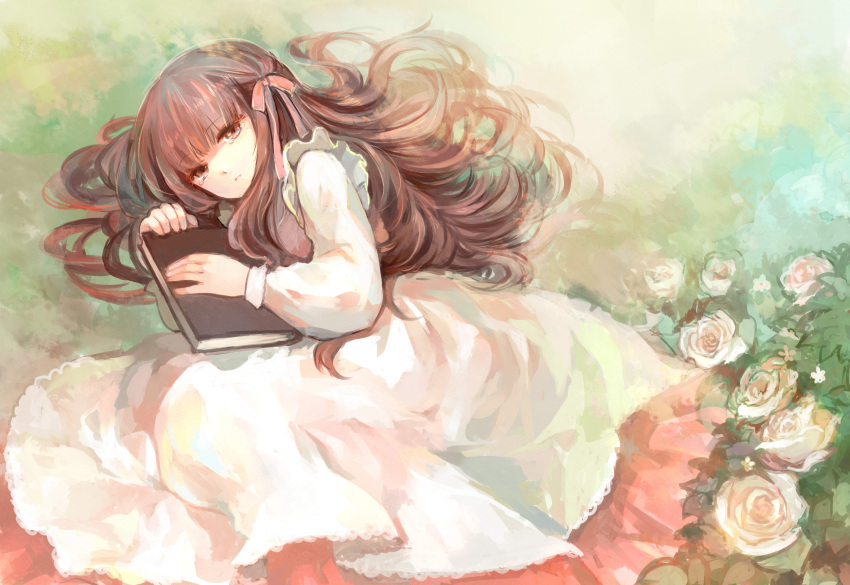 1girl, aki_(wishtakeme), bangs, book, brown_eyes, brown_hair, bury, coco_(bury)