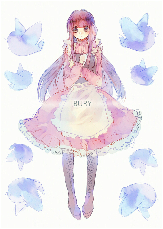 1girl, apron, artist_request, bangs, bird, blush, book, boots