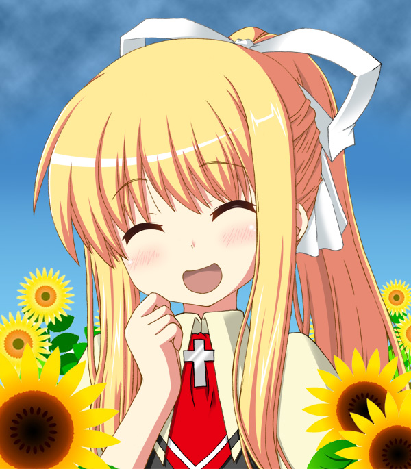 blonde_hair, bust, closed_eyes, flower, happy, izuko, kamio_misuzu, long_hair, open_mouth, ponytail, school_uniform, sunflower