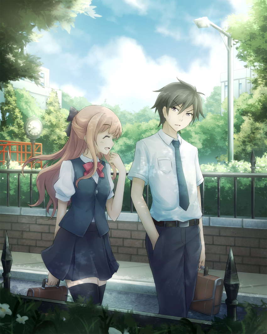 >:|, 1boy, 1girl, ^_^, asakurashinji, bag, belt, black_legwear