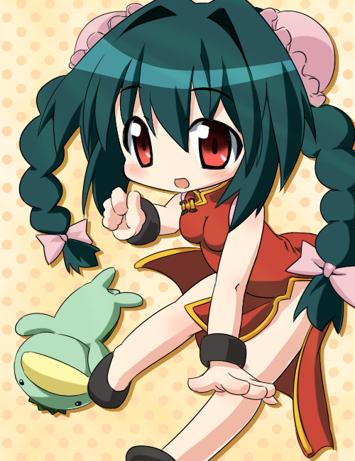 chibi, china_dress, cute, green_hair, izuno_kenta, looking_at_viewer, mei_mei_(nagasarete_airantou), nagasarete_airantou, red_eyes, smile