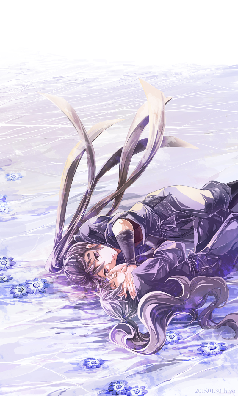 2boys, androgynous, artist_name, brown_hair, closed_eyes, dated, flower, hand_on_another's_head