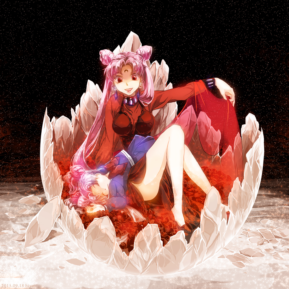 2girls, artist_name, bishoujo_senshi_sailor_moon, black_lady, breasts, broken_egg, chibi_usa, cleavage, closed_eyes, crescent, dated, double_bun, dual_persona, earrings, egg, facial_mark, forehead_mark, hiyoya, jewelry, large_breasts, lipstick, lying, makeup, multiple_girls, on_back, pink_hair, pleated_skirt, purple_hair, red_lipstick, school_uniform, serafuku, sitting, skirt, twintails, veil, veil_lift