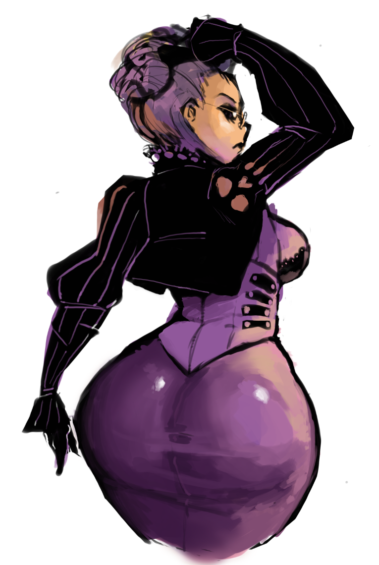1girl, ass, breasts, corset, curvy, drawfag, glasses, grimgrimoire, huge_ass, long_dress, long_hair, looking_at_viewer, looking_back, opalneria_rain, pinstripe_pattern, purple_hair, simple_background, solo, thick_thighs, thighs, tied_hair, tight, white_background, wide_hips, wide_sleeves
