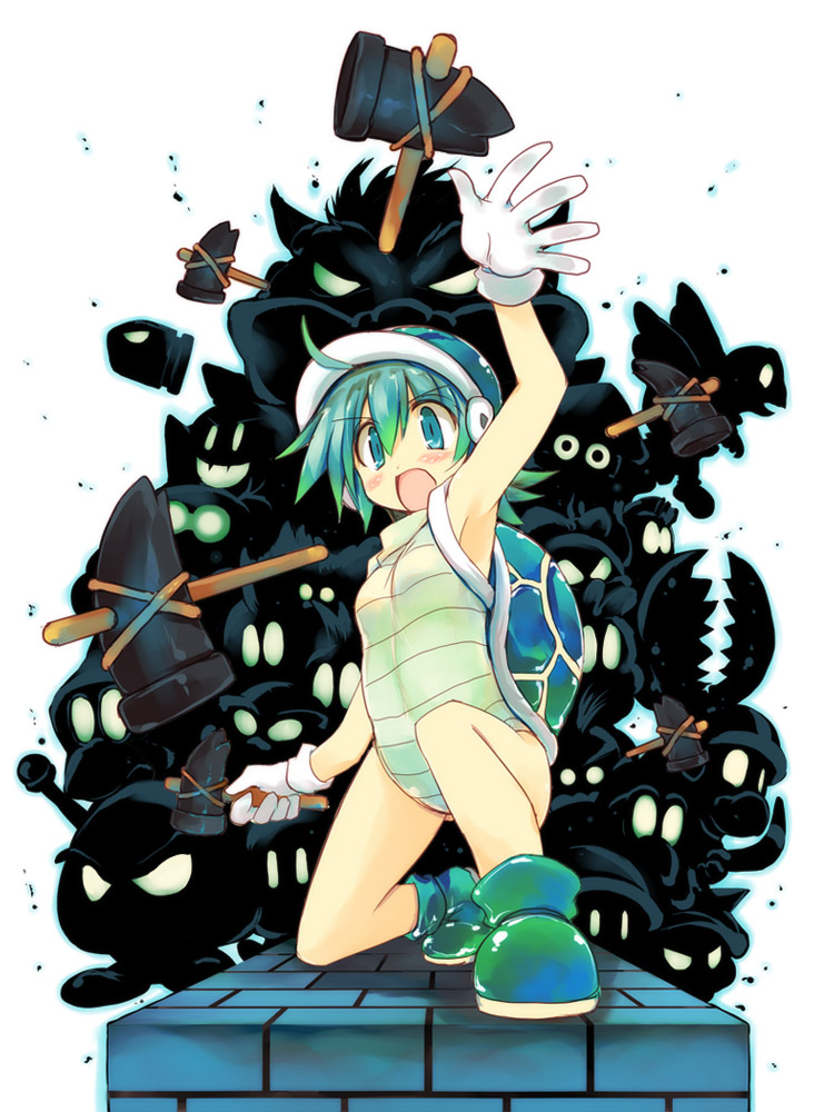 1girl, genderswap, gloves, green_eyes, green_hair, hammer_brothers, super_mario_bros., one_knee