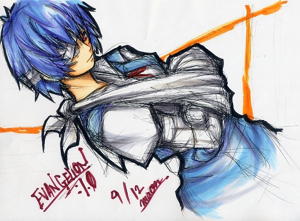 ayanami_rei, bandage_over_one_eye, bandages, blue_hair, cast, date, dutch_angle, evangelion:_1.0_you_are_(not)_alone