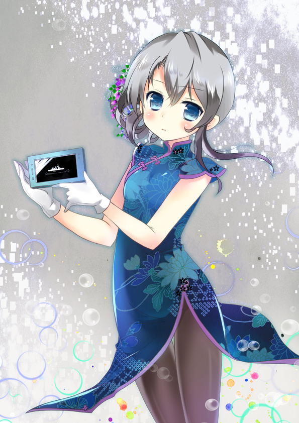1girl, alternate_costume, black_legwear, blue_eyes, china_dress, chinese_clothes, gloves, kantai_collection