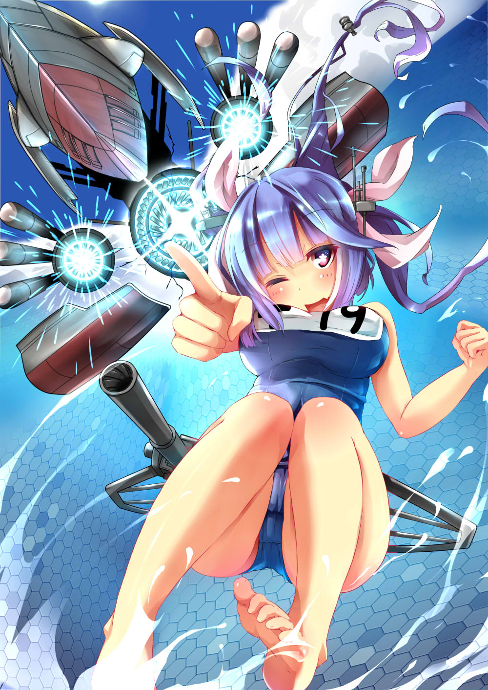 1girl, aoki_hagane_no_arpeggio, barefoot, blue_hair, blush, breasts, cannon, feet