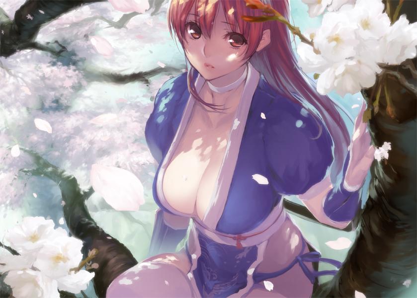1girl, arm_guards, breasts, brown_eyes, brown_hair, cherry_blossoms, choker, cleavage