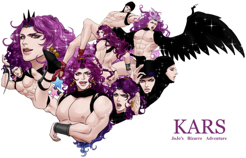 1boy, abs, blade, braid, character_name, copyright_name, earrings, feathered_wings, feathers, ginjoo_(ginjo_1116), headdress, horns, jewelry, jojo_no_kimyou_na_bouken, kars_(jojo), long_hair, multiple_persona, muscle, nude, purple_hair, shin_guards, sparkle, tongue, tongue_out, violet_eyes, wings, wristband