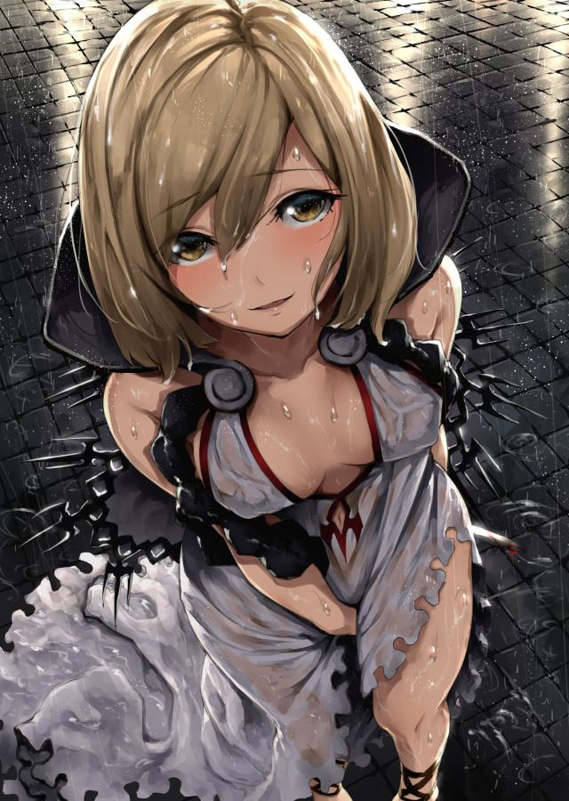 1girl, assassin_(granblue_fantasy), bare_shoulders, brown_eyes, brown_hair, center_opening, dress, gita_(granblue_fantasy)